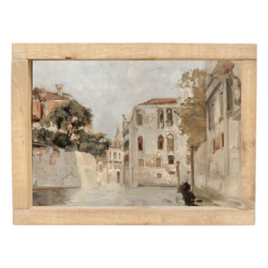 Vintage framed print of a European stone-paved street. 