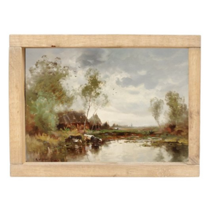 Vintage framed print of a river's edge. 