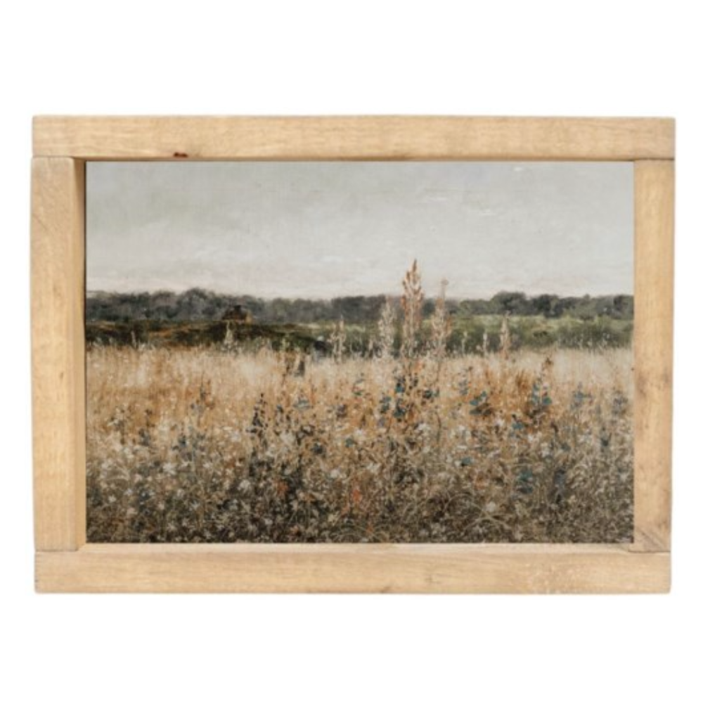 Vintage framed print of a flower field. 