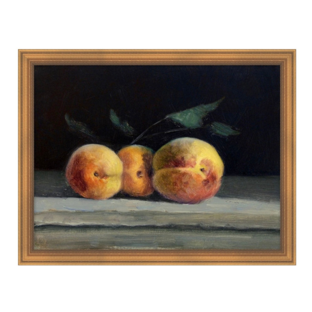 Peaches on black background. Printed on canvas