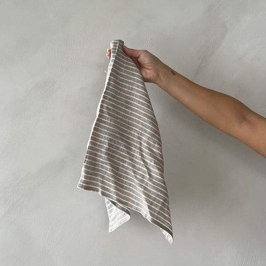 Calla Stonewashed Linen White with Taupe Stripes Tea Towel