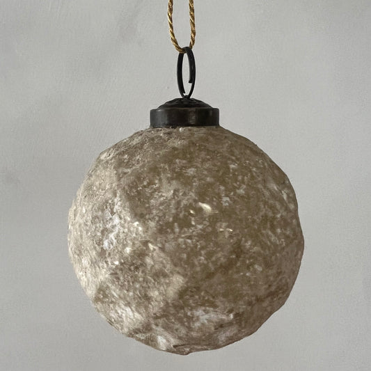 White Round Embossed Glass Ball Ornament Heavily Distressed