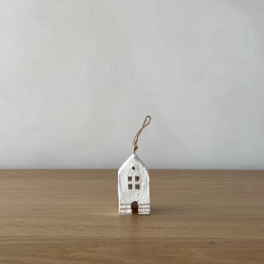 Handmade Paper Mache House Ornament with Gold Stripe
